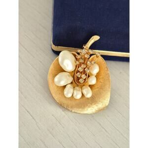 Vintage Mid-Century Pearl Rhinestone Gold Orchid Brooch Pin